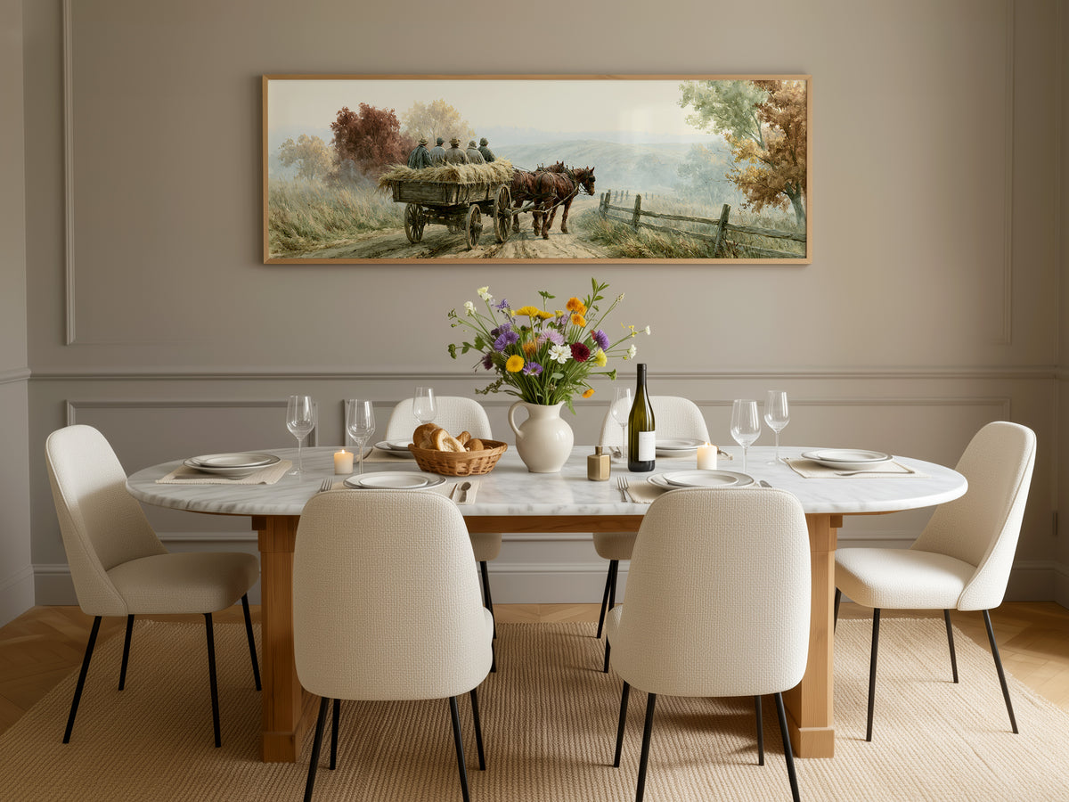 Vintage Horse Wagon Countryside Panoramic Canvas Print, Autumn Landscape Rustic Farmhouse Wall Art, Country Home Art Decor