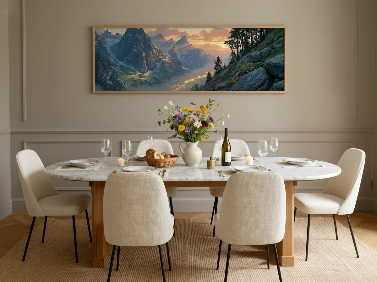 Alpine Mountain Valley Sunset Panoramic Canvas Print, Snow Peak Pine Forest Wall Art, Majestic Wilderness Winter Decor