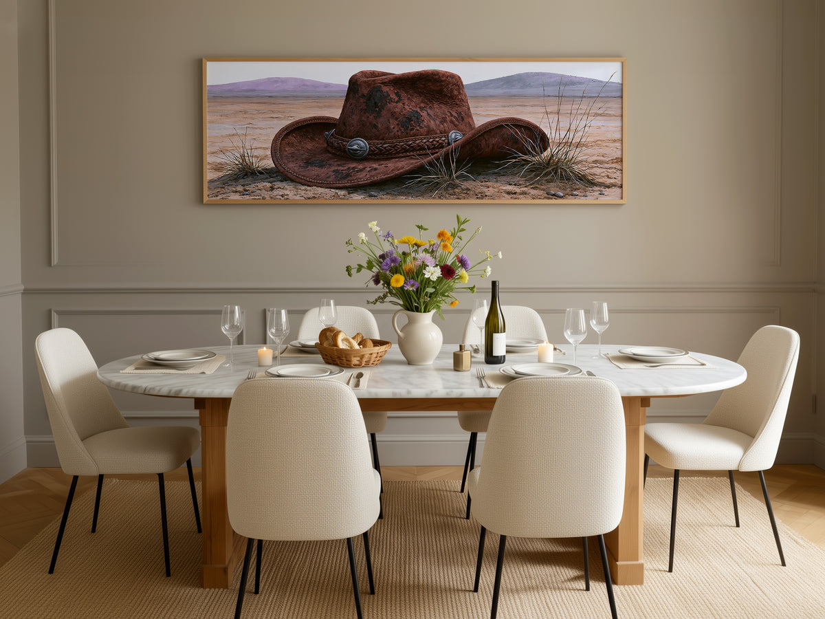 Vintage Cowboy Hat and Desert Landscape Panoramic Canvas Print, Southwest Western Wall Art, Country Living Room Decor
