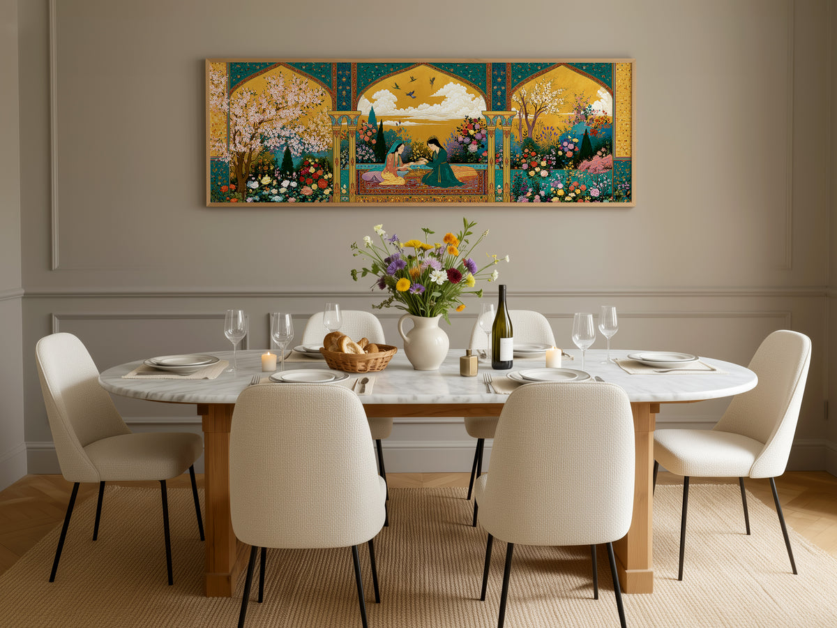 Persian Garden Women Tea Ceremony Panoramic Canvas Print, Islamic Miniature Gold Floral Wall Art, Exotic Middle Eastern Decor