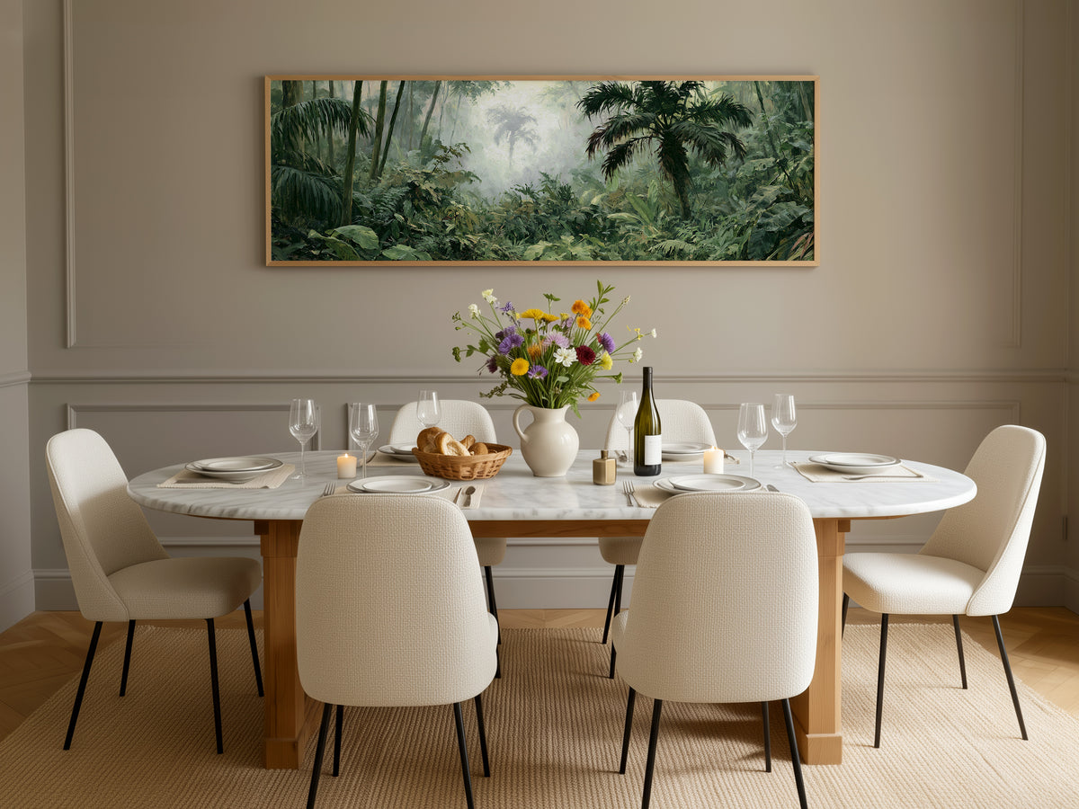 Misty Tropical Jungle Panoramic Canvas Print, Lush Green Rainforest Wall Art, Extra Large Biophilic Modern Home Decor