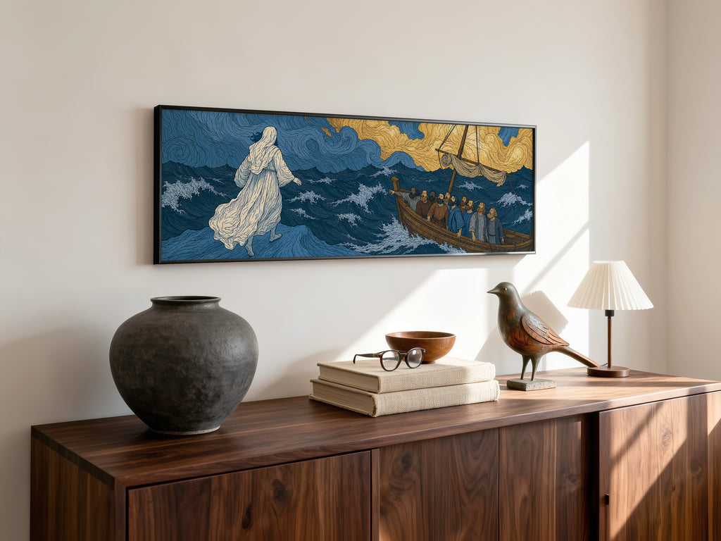 Biblical Jesus Walking Water Swirling Sea Panoramic Canvas Print, Van Gogh Style Blue Gold Wall Art, Redeemer Christian Heavenly Decor, P272