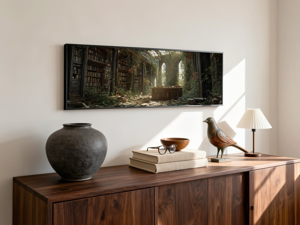 Dark Academia Overgrown Library Panoramic Canvas Print, Enchanted Abandoned Bookshelf Wall Art,