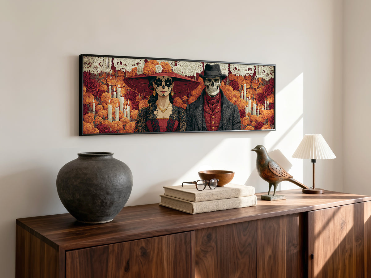 Day of the Dead Couple Canvas Print – Catrina & Skeleton Groom Wall Art