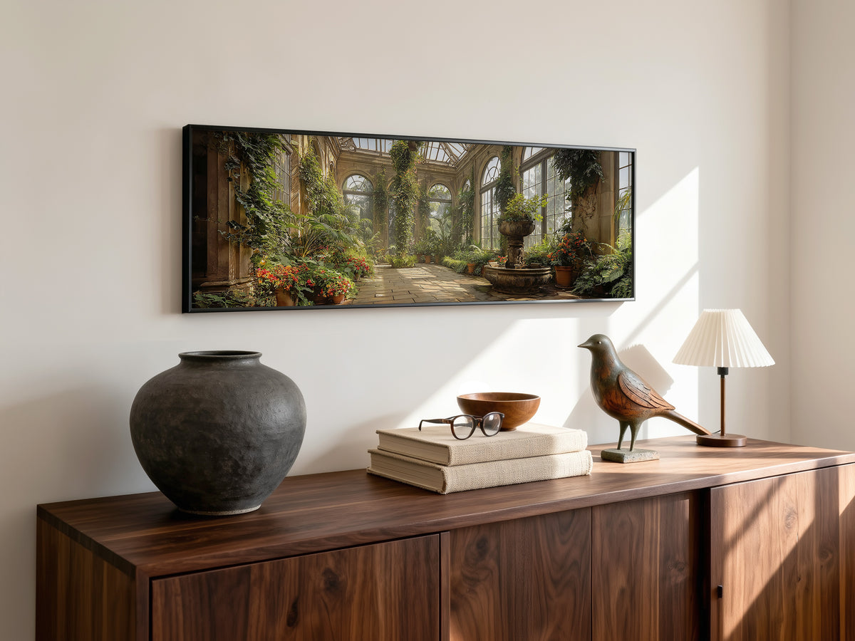 Victorian Conservatory Garden Panoramic Canvas Print, Sunlit Greenhouse Wall Art