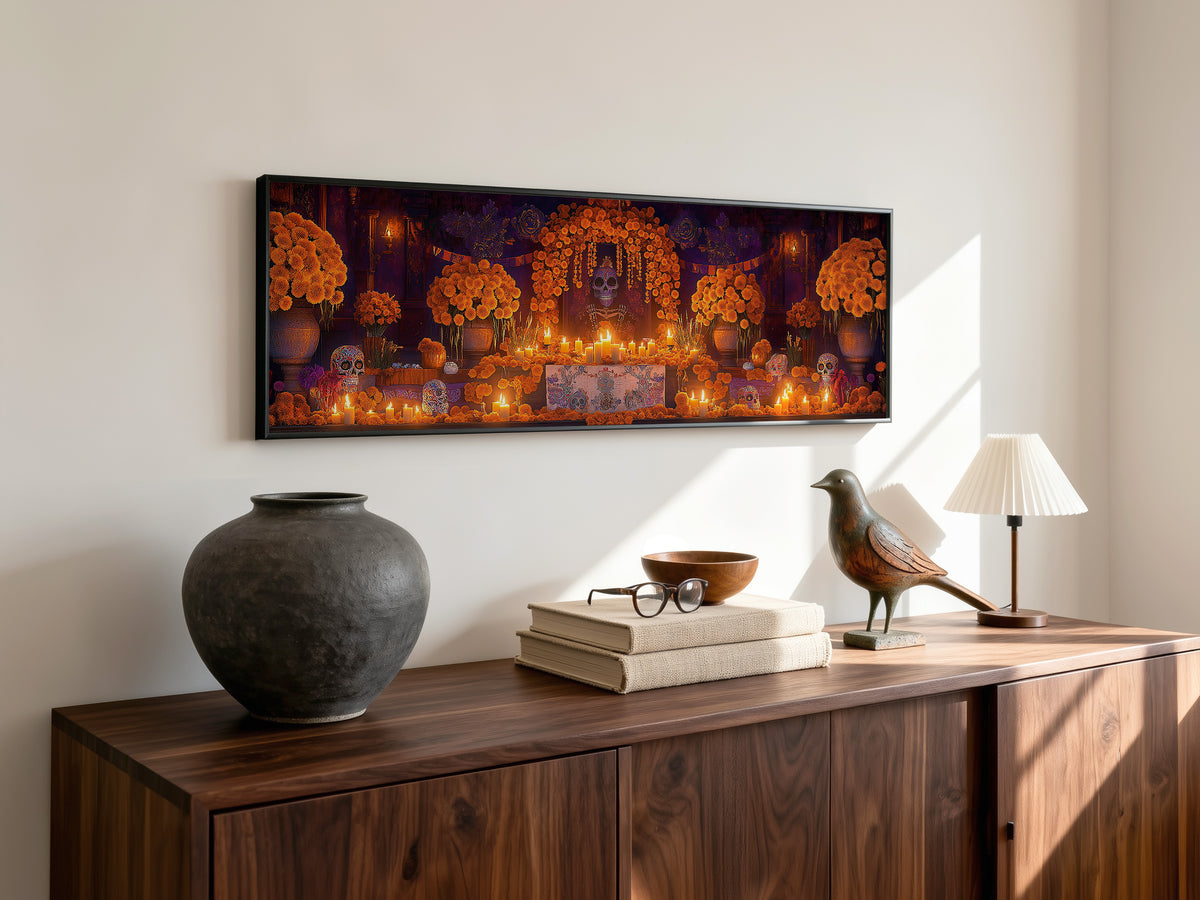 Day of the Dead Altar Panoramic Canvas Print, Dia de los Muertos Wall Art, Mexican Ofrenda Decor