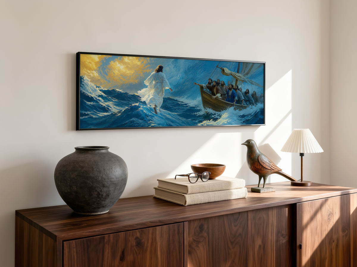 Jesus Walking on Water Stormy Sea Panoramic Canvas Print, Biblical Miracle Disciples Boat Wall Art, Extra Large Christian Decor