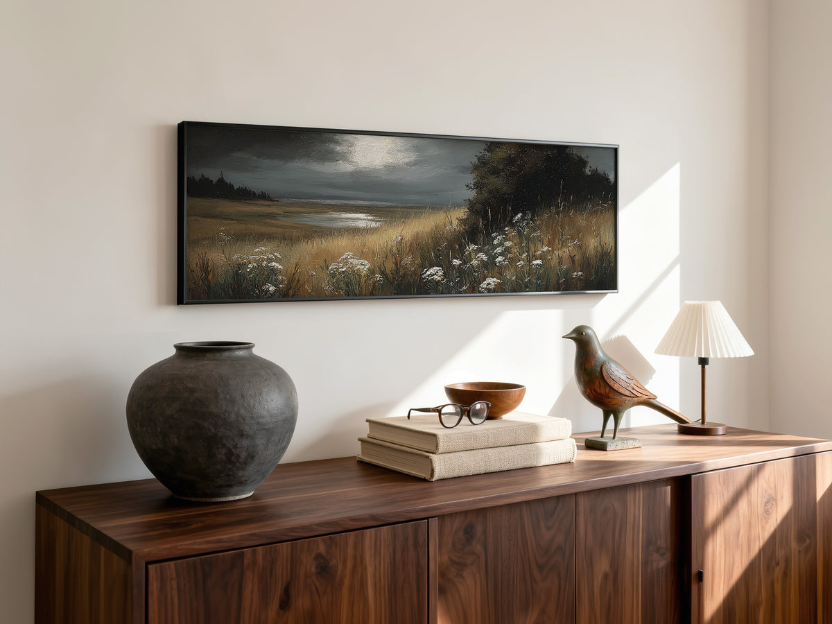 Moonlit Marsh Dark Moody Landscape Panoramic Canvas Print, Wildflower Field at Night Wall Art