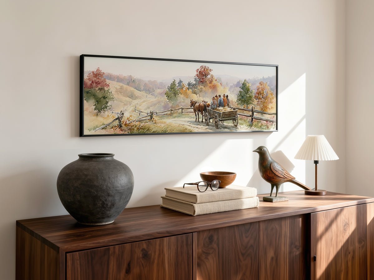 Autumn Watercolor Horse Drawn Wagon Panoramic Canvas Print, Rustic Country Road Lane Wall Art, Vintage Fall Scene, Countryside Decor
