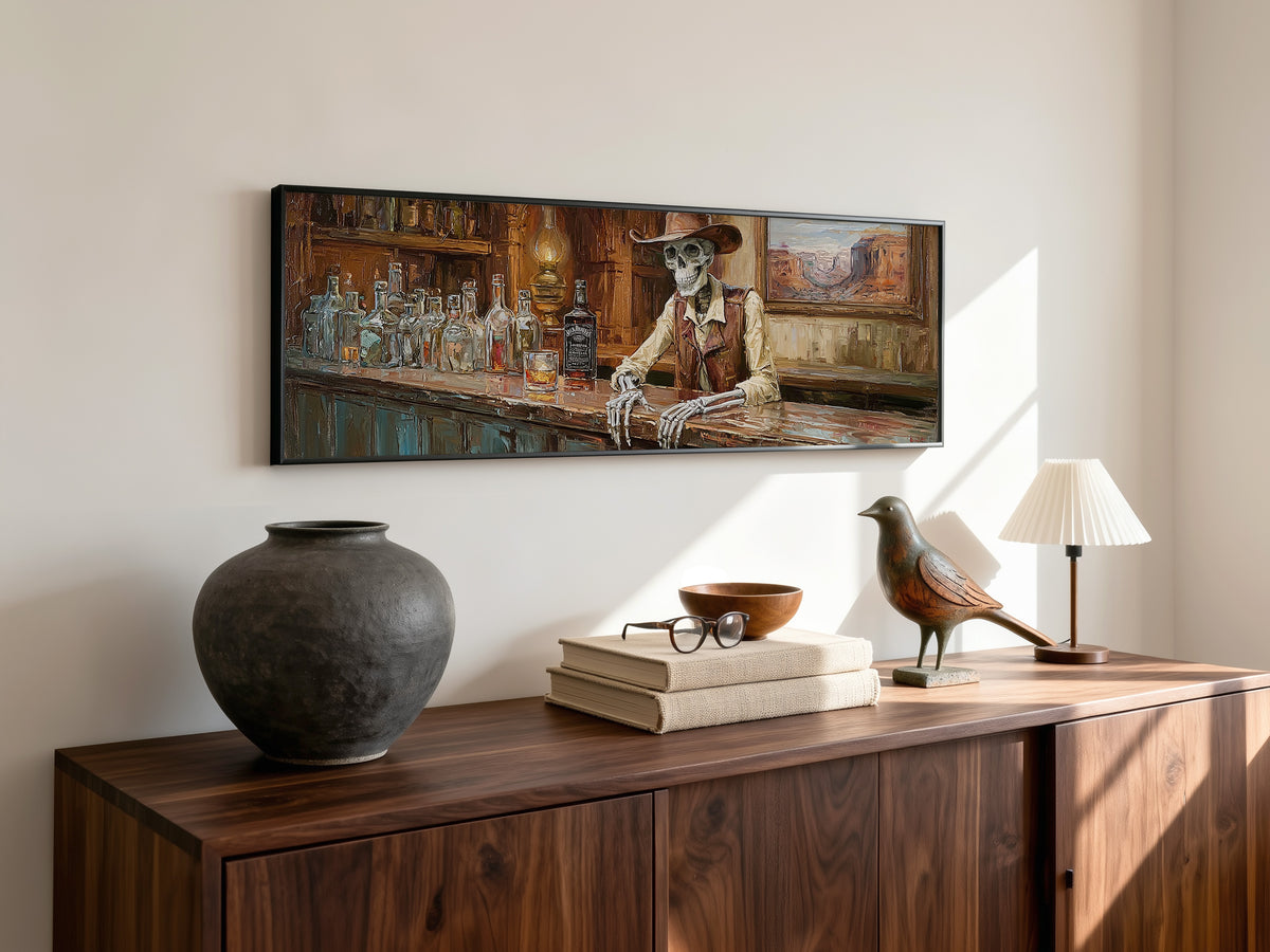 Cowboy Skeleton Saloon Bar Panoramic Canvas Print, Western Skull Whiskey Wall Art, Extra Large Rustic Man Cave Decor