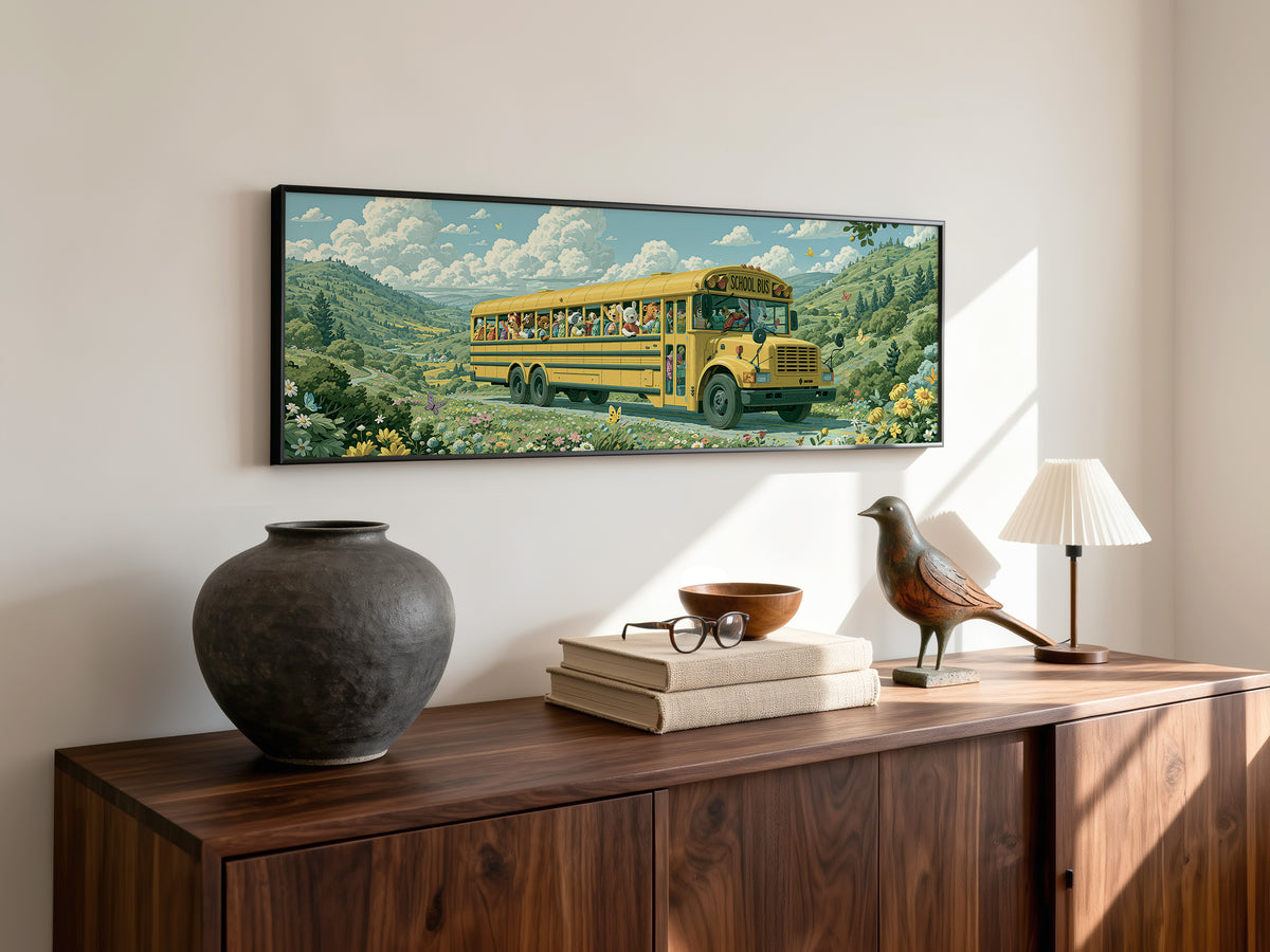 Cute Animal School Bus Panoramic Canvas Print, Whimsical Kids Room Wall Art, Extra Large Nursery Decor