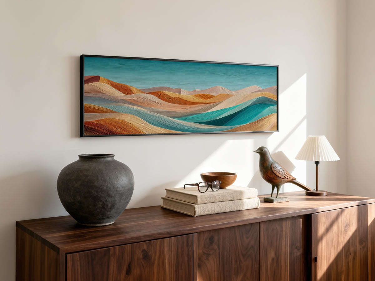 Abstract Desert Dunes Teal Orange Panoramic Canvas Print, Wavy Desert Landscape Wall Art, Boho Mid Century Living Room Decor