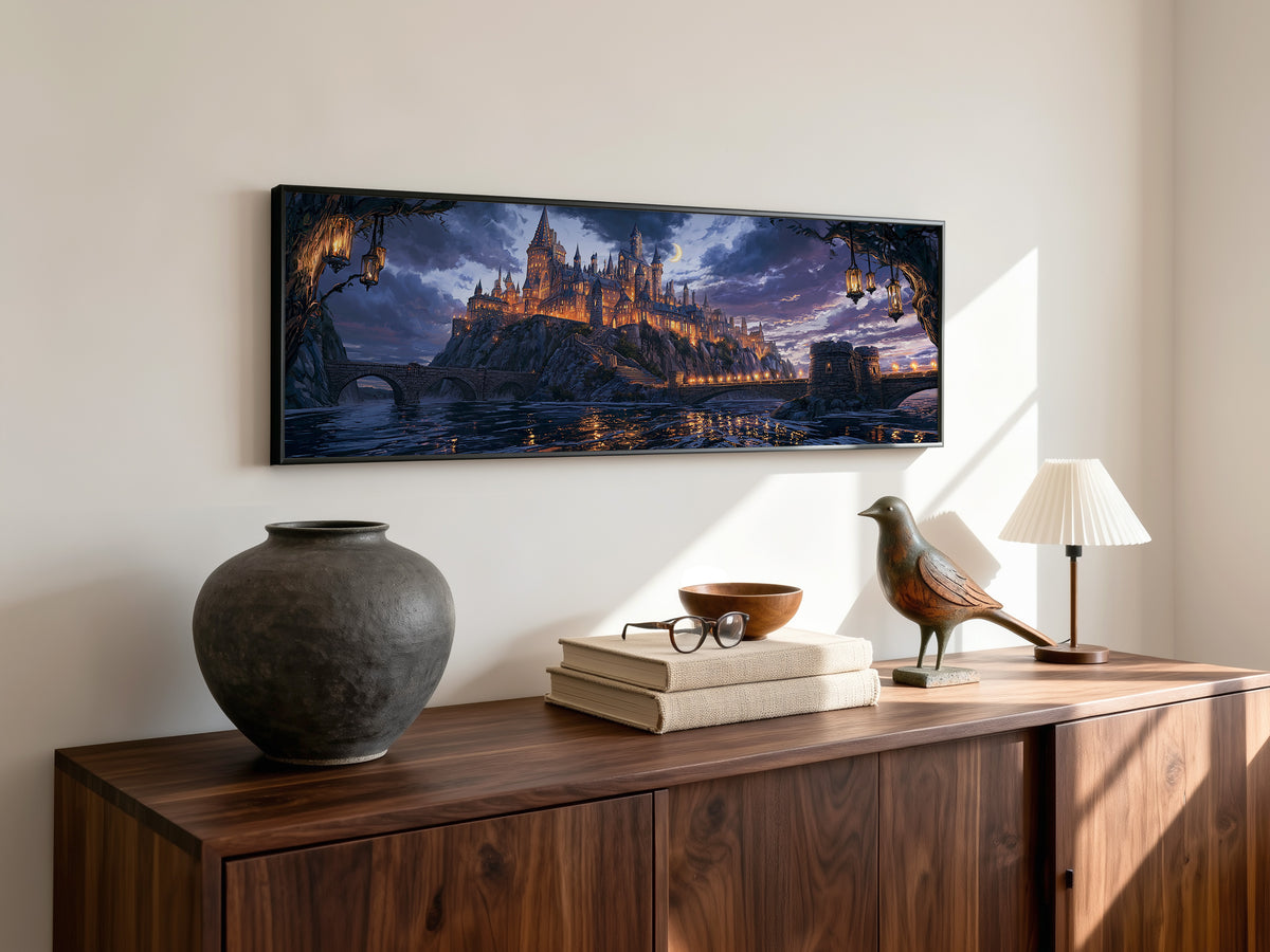 Enchanted Wizard Castle Night Panoramic Canvas Print, Fantasy Magic School Moonlit Wall Art, Dark Academia Fantasy Castle Decor