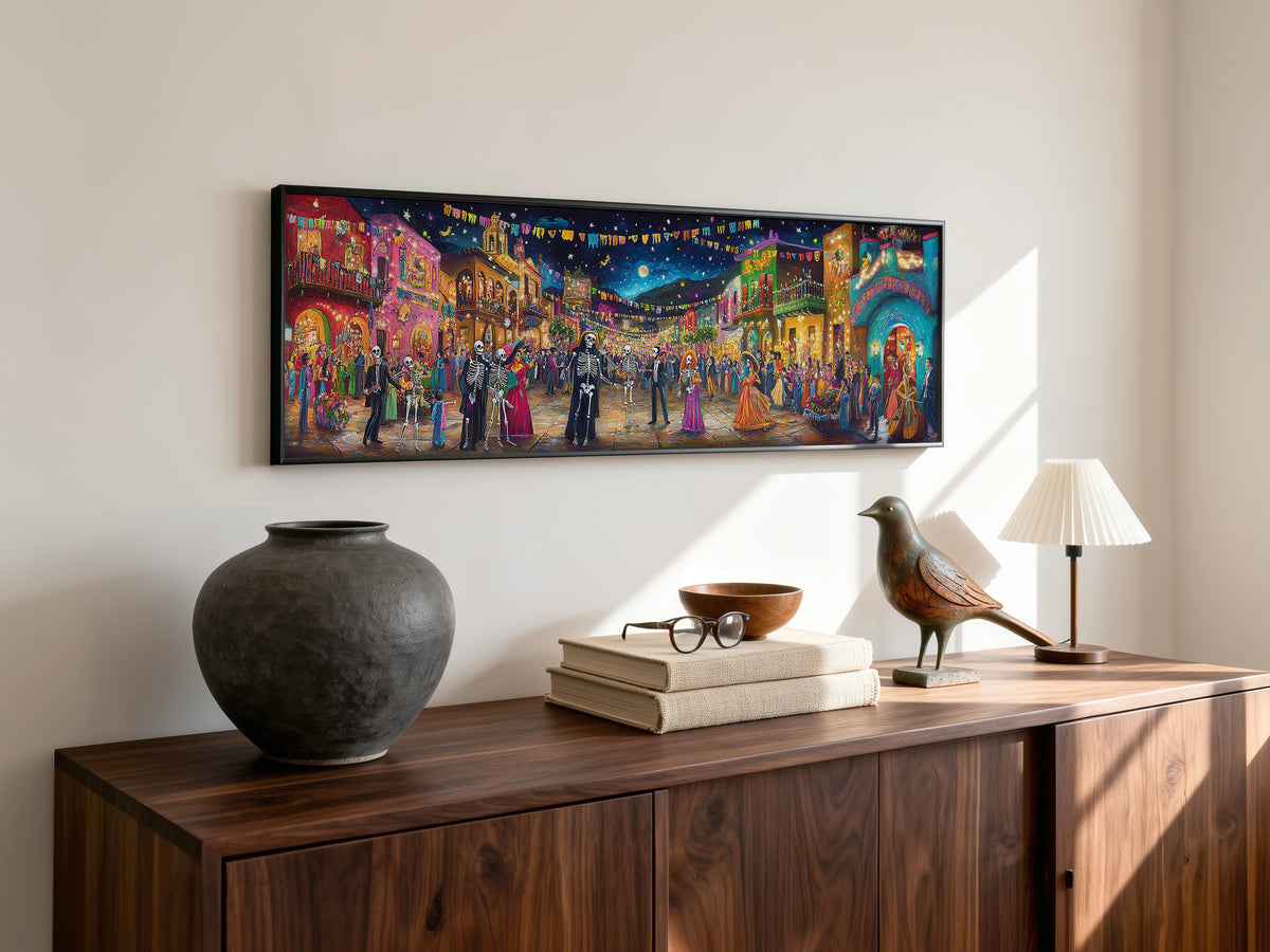 Day of the Dead Night Festival Panoramic Canvas Print, Dia de los Muertos Village Street Party Wall Art
