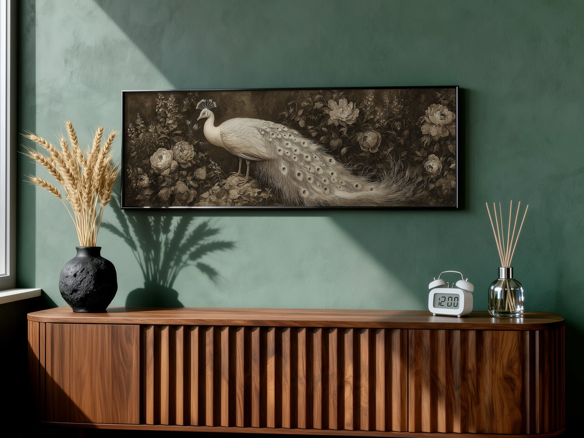 White Peacock Botanical Panoramic Canvas Print, Vintage Sepia Floral Bird Wall Art