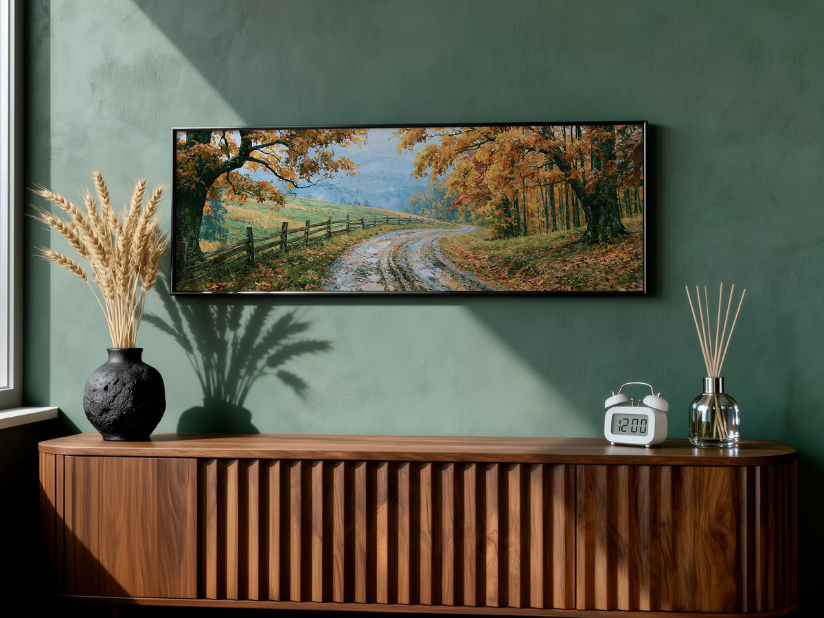 Autumn Country Road Fence Panoramic Canvas Print, Fall Orange Foliage Landscape Wall Art, Large Horizontal Over Bed Art