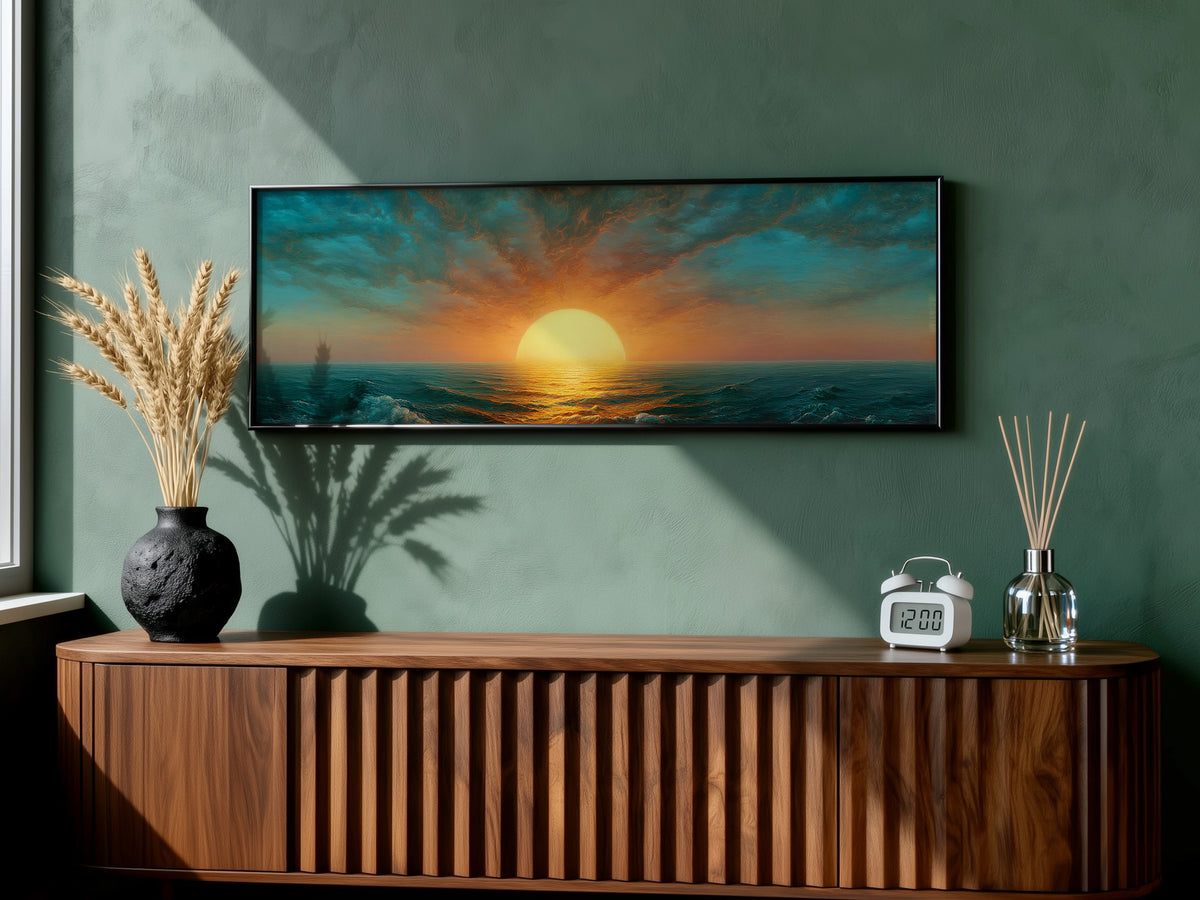 Ocean Sunset Panoramic Canvas Print, Teal Orange Sun Wall Art