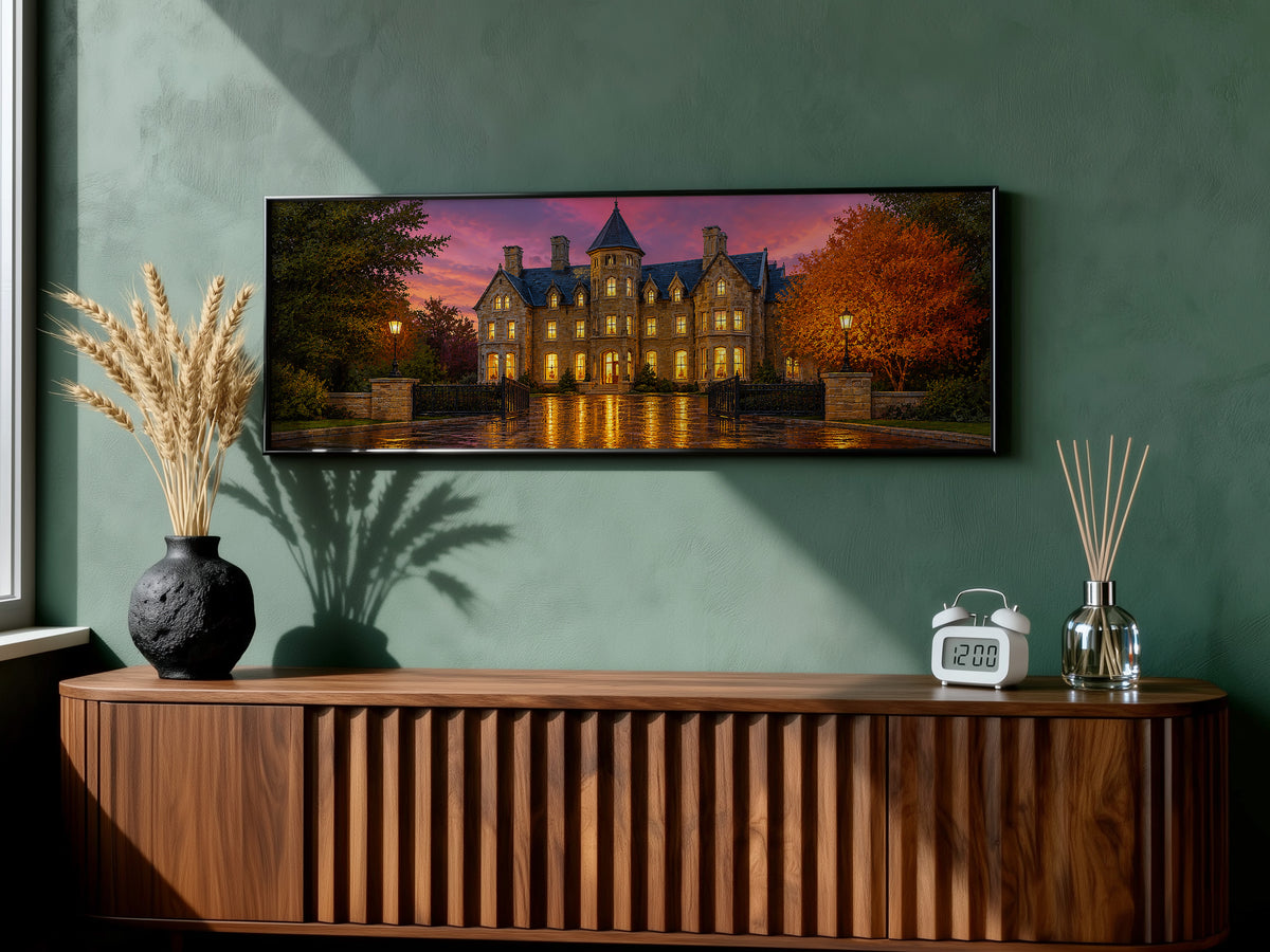 Haunted Mansion Autumn Night Panoramic Canvas Print, Victorian Gothic Castle Wall Art, Dark Academia Moody Pink Sky Decor