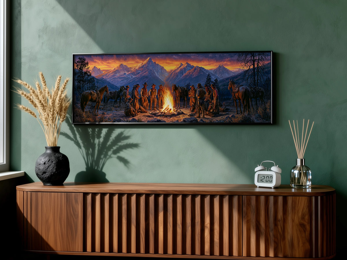 Cowboy Campfire Mountain Sunset Panoramic Canvas Print, Western Cowboys and Horses Wall Art, Extra Large Rustic Lodge Decor