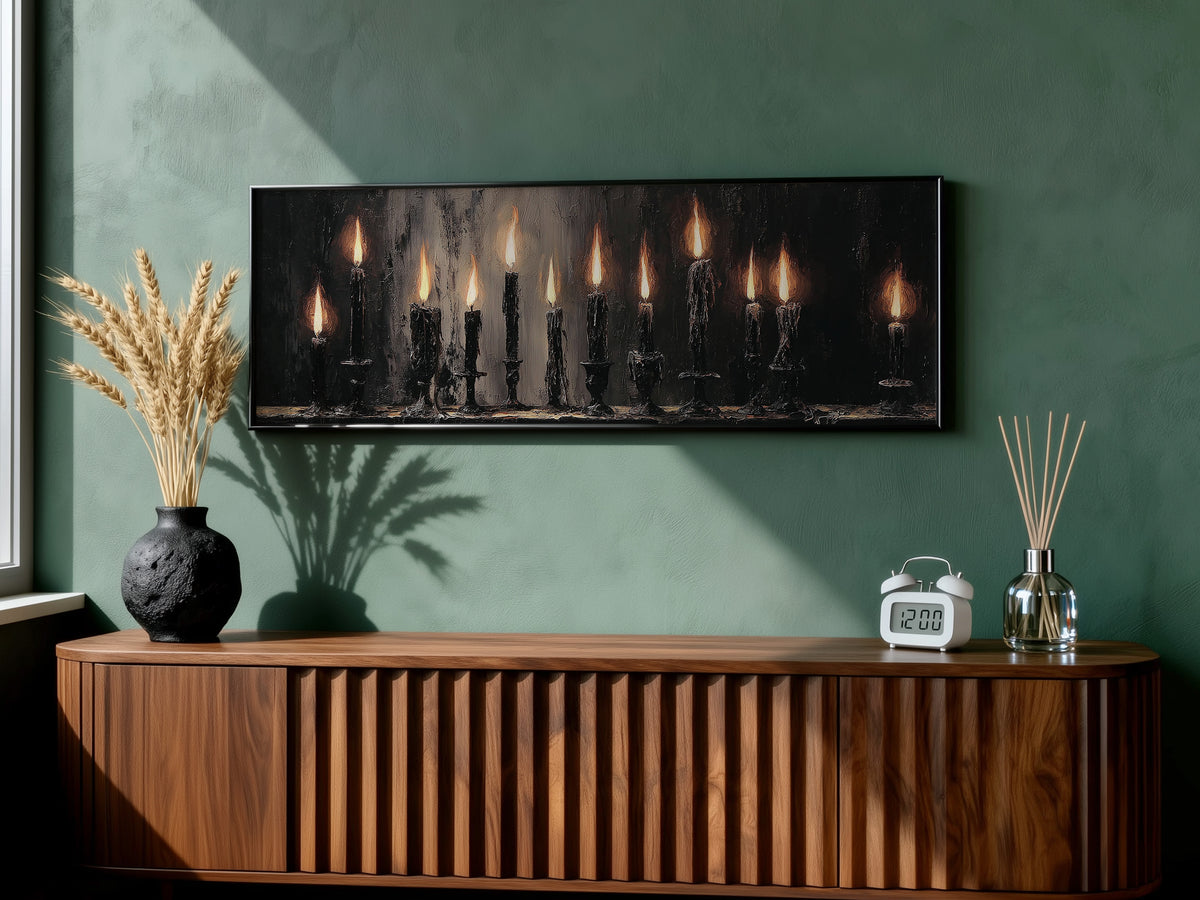 Gothic Dark Academia Moody Flame Panoramic Canvas Print, Burning Black Candles Wall Art