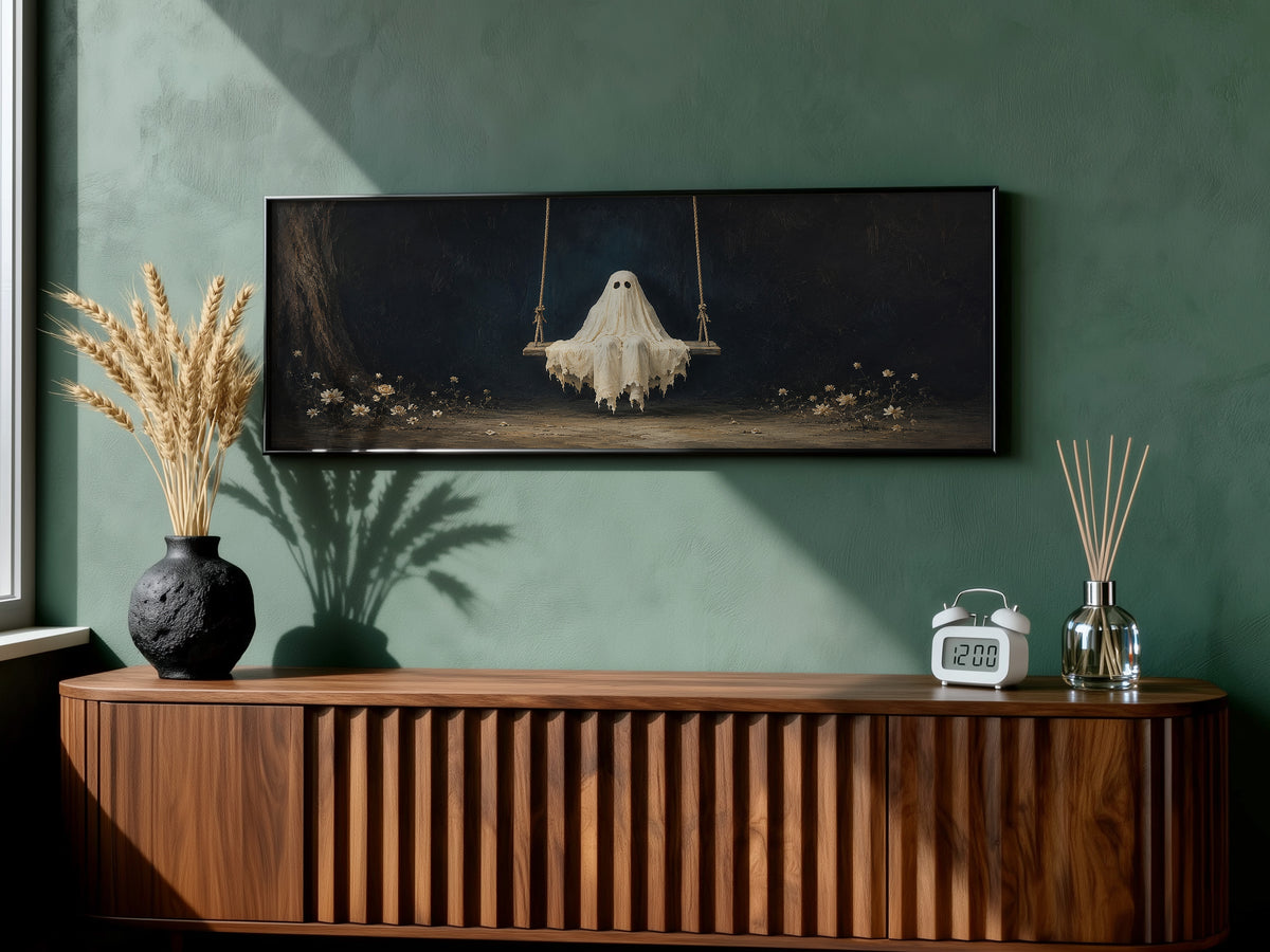 Ghost on Swing Panoramic Canvas Print, Cute Vintage Spooky Floral Wall Art