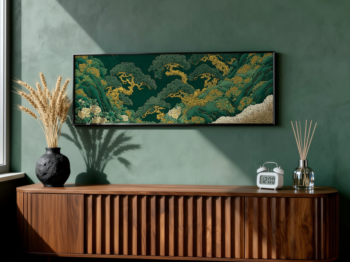 Japanese Pine Tree Panoramic Canvas Print, Emerald Green and Gold Landscape Wall Art