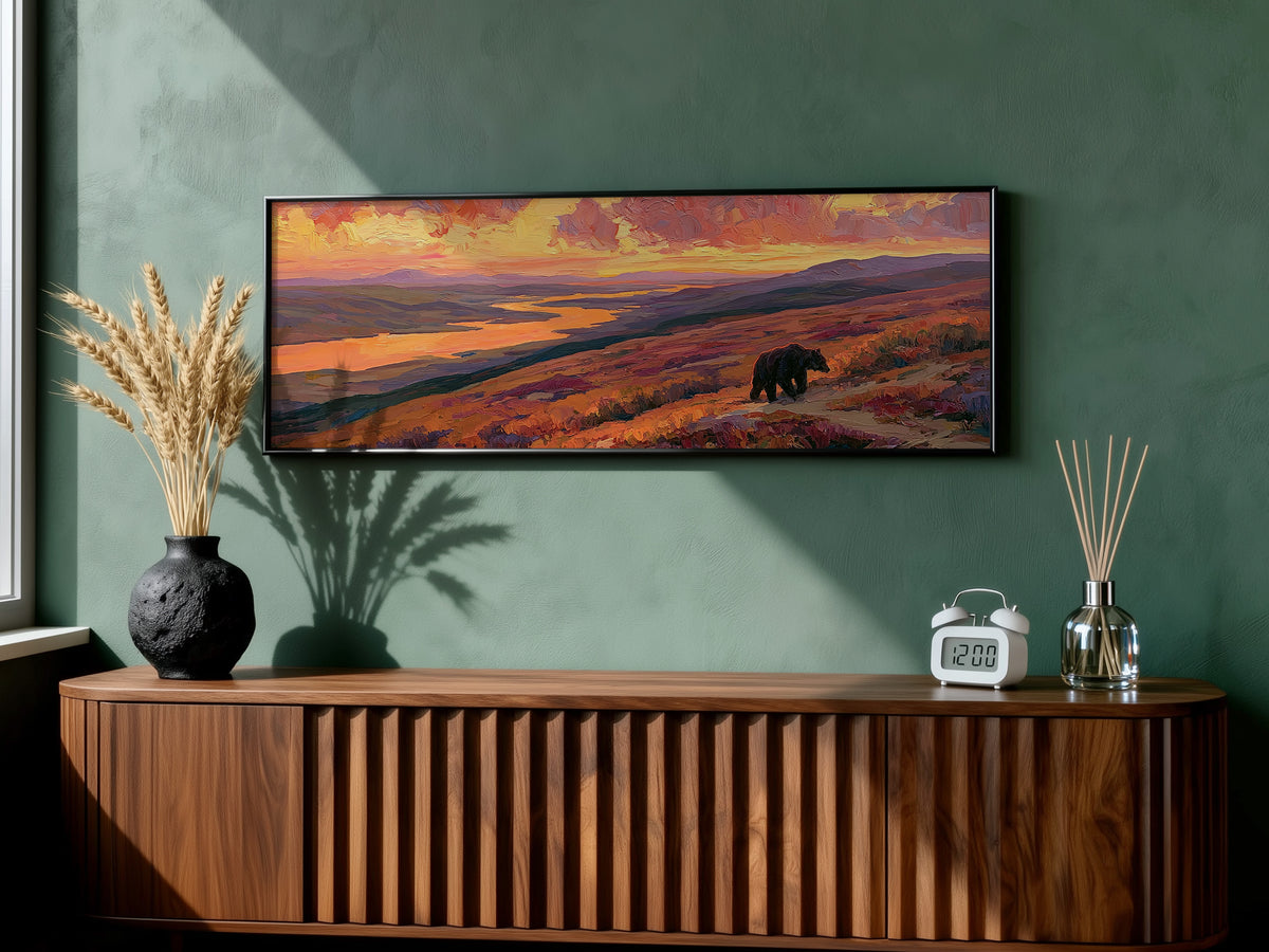 Grizzly Bear Autumn Landscape Panoramic Canvas Print, Orange Sunset Mountain Wall Art, Wildlife Rustic Home Decor