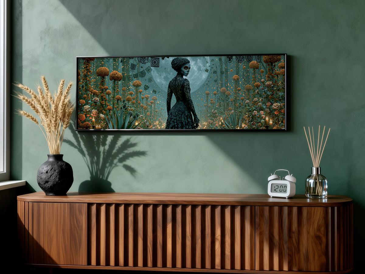 Day of the Dead Woman Moonlight Panoramic Canvas Print, Dia de Muertos Wall Art, Mexican Folk Art Decor
