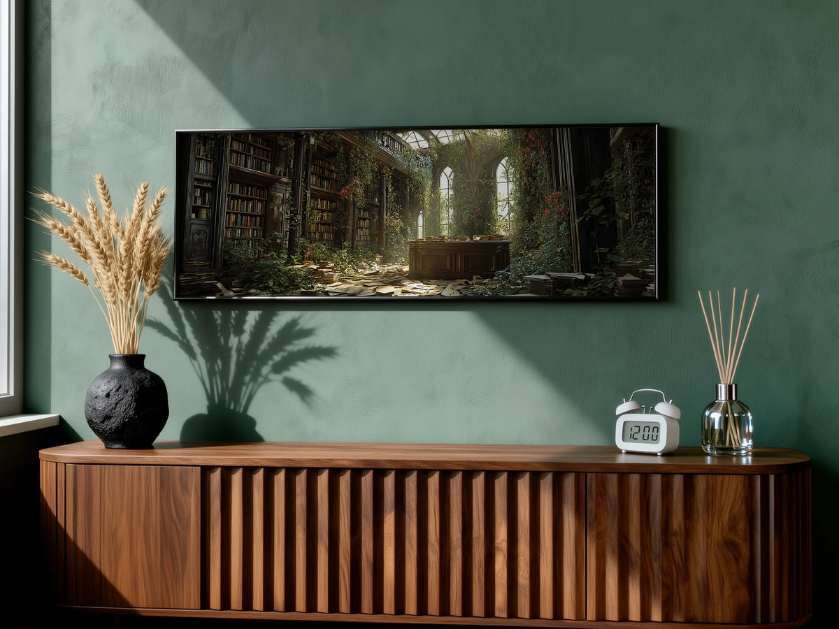 Dark Academia Overgrown Library Panoramic Canvas Print, Enchanted Abandoned Bookshelf Wall Art,