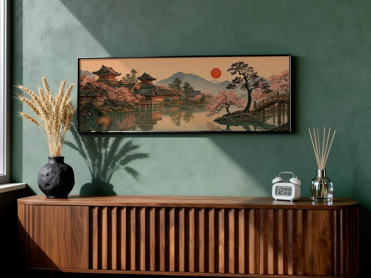 Japanese Garden Temple Panoramic Canvas Print, Cherry Blossom Red Sun Wall Art