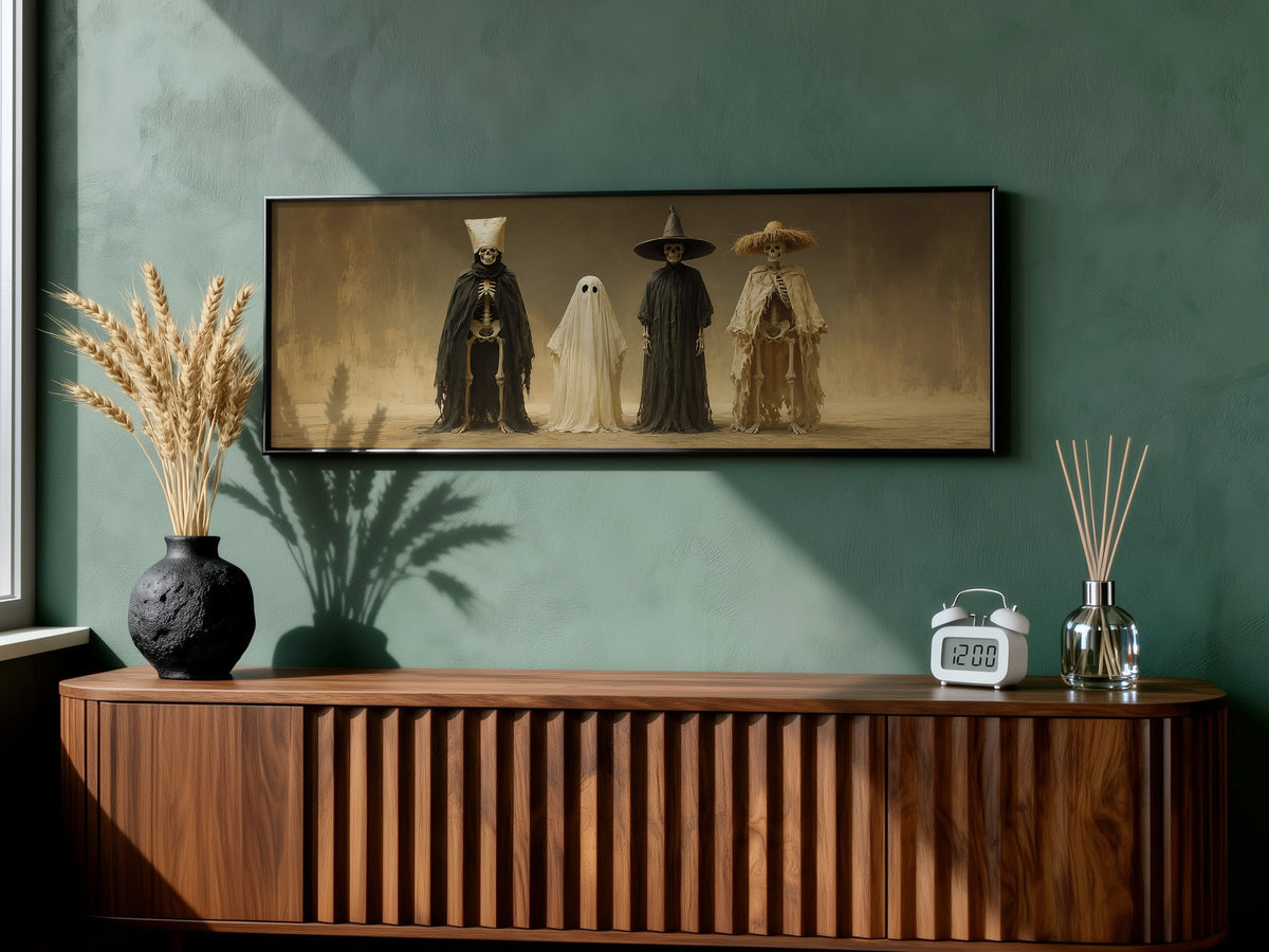 Spooky Halloween Costume Crew Panoramic Canvas Print, Skeleton Ghost Crew Wall Art