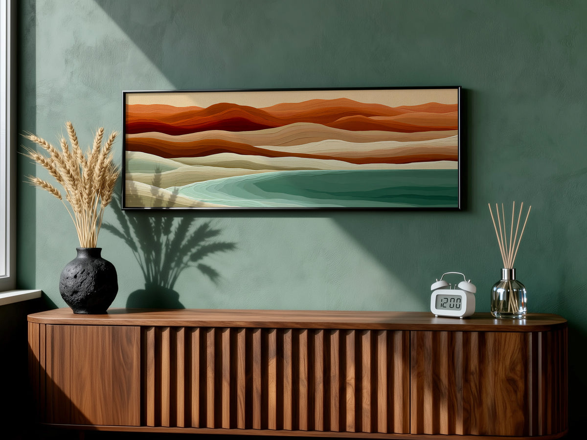 Terracotta Teal Abstract Landscape Panoramic Canvas Print, Earthy Wave Wall Art, Mid Century Minimalist Decor