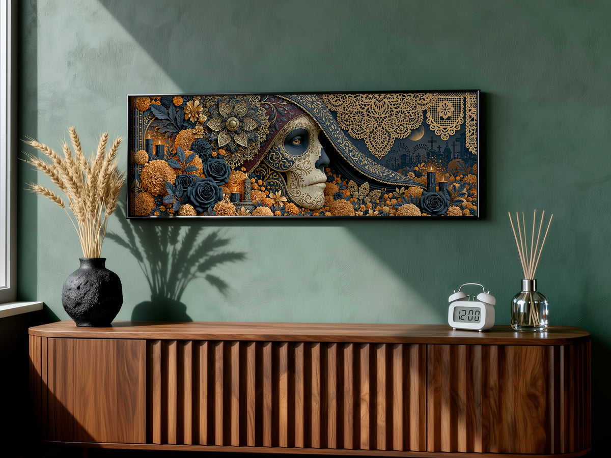 Gold Navy Sugar Skull Woman Marigold Panoramic Canvas Print, Luxury Day of the Dead Lace Wall Art, Gothic Floral Decor