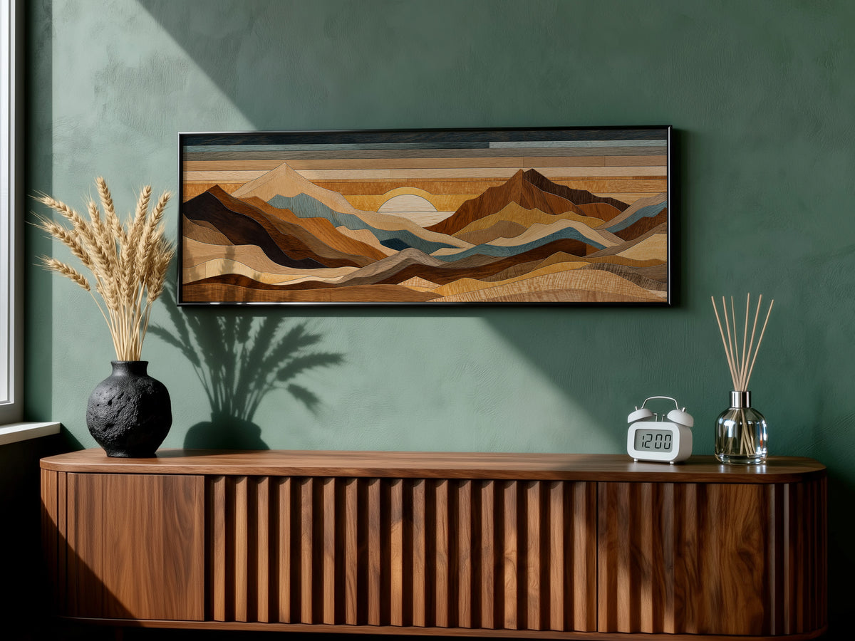 Wood Inlay Mountain Landscape Panoramic Canvas Print, Earthy Brown Blue Geometric Wall Art, Rustic Cabin Decor
