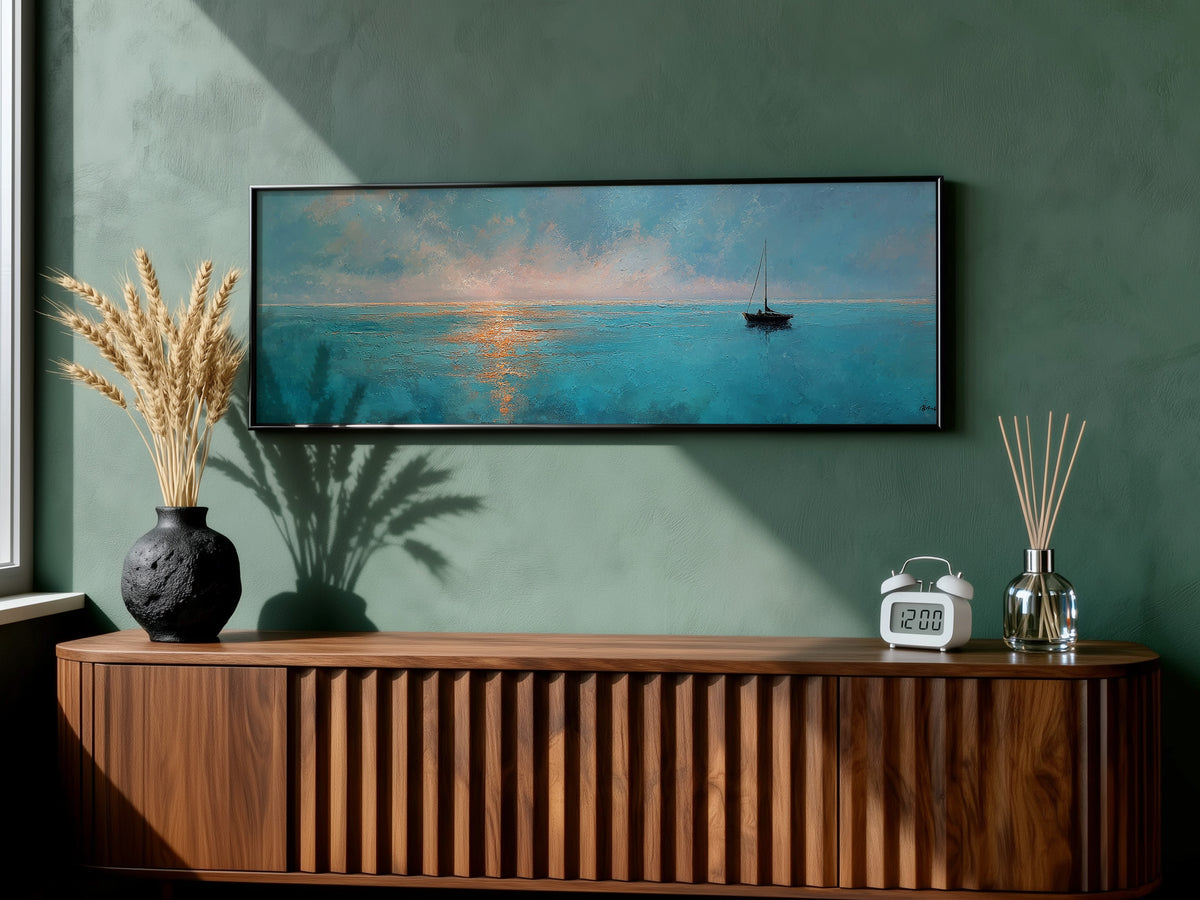 Minimalist Sailboat Ocean Sunset Panoramic Canvas Print, Peaceful Nautical Teal Seascape Wall Art, Coastal Modern Living Room Decor