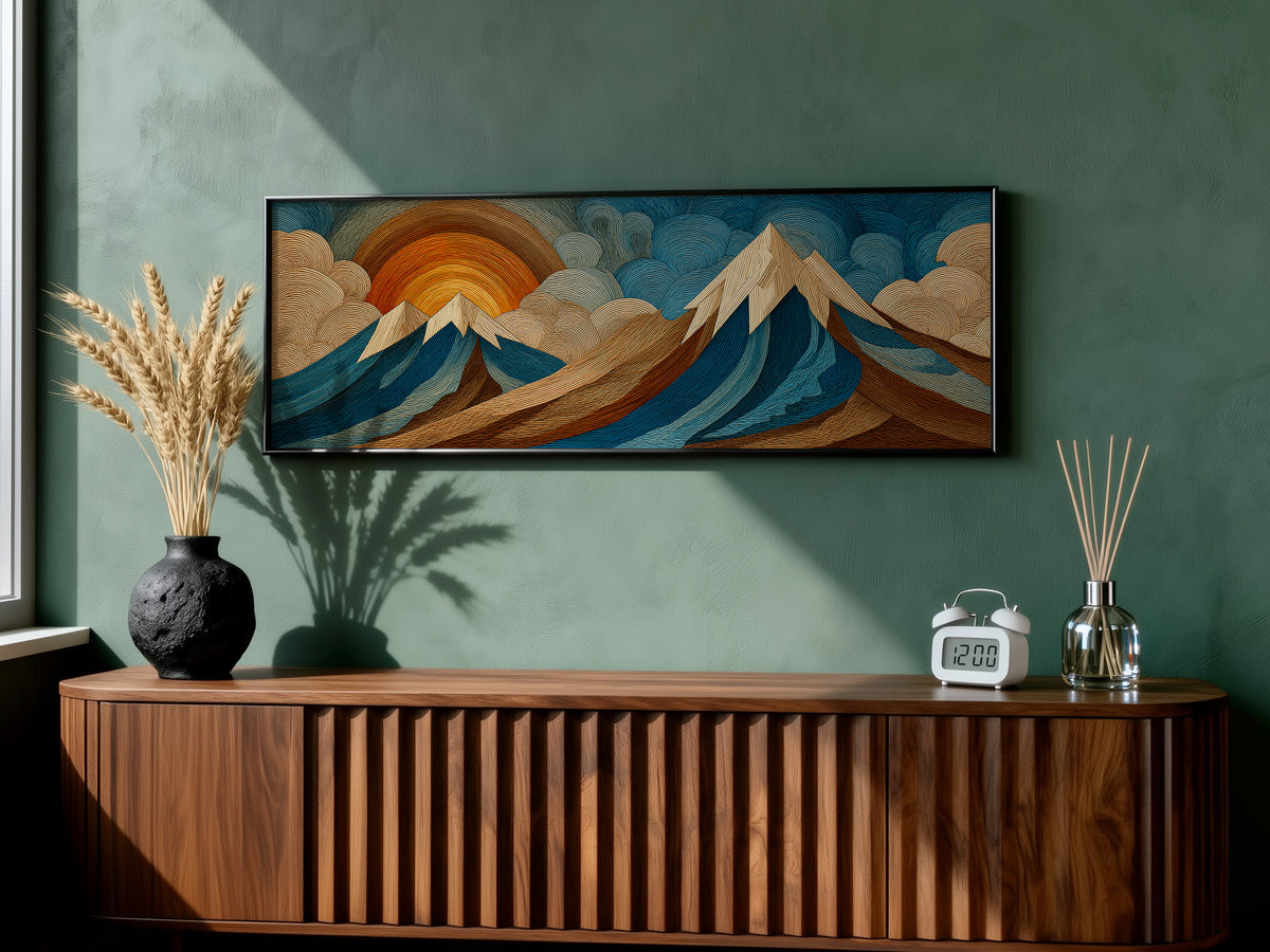Boho Layered Mountain and Sunrise Panoramic Canvas Print, Wood Engraving Style Teal Orange Wall Art, Modern Above Sofa Art Decor