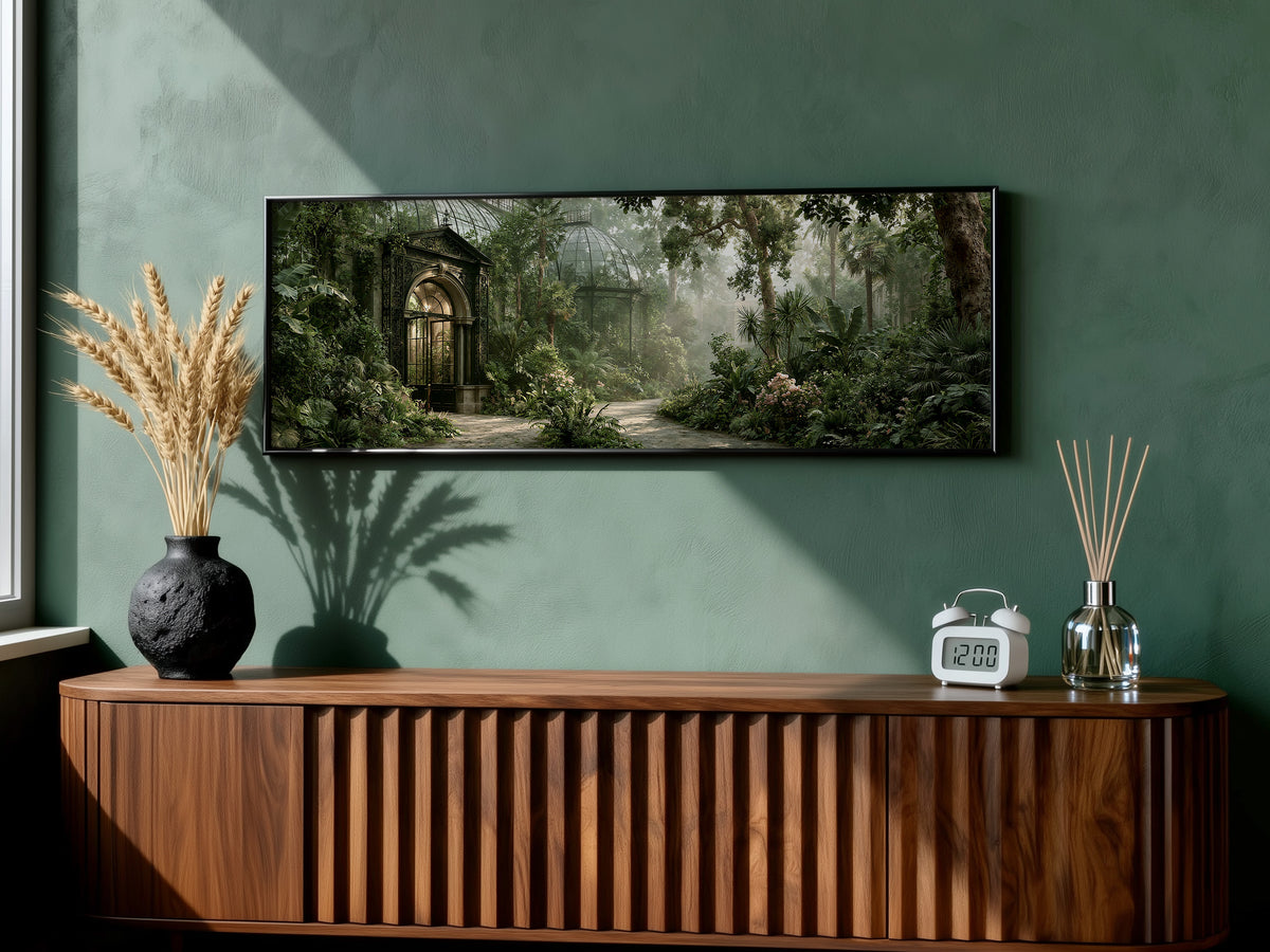 Victorian Greenhouse Botanical Garden Panoramic Canvas Print, Misty Green Glass House Wall Art, Biophilic Living Room Decor