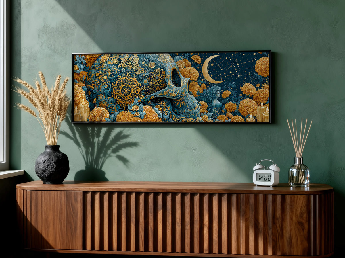 Sugar Skull Gold Teal Marigold Panoramic Canvas Print, Day of the Dead Celestial Wall Art, Horizontal Gothic Wall Decor