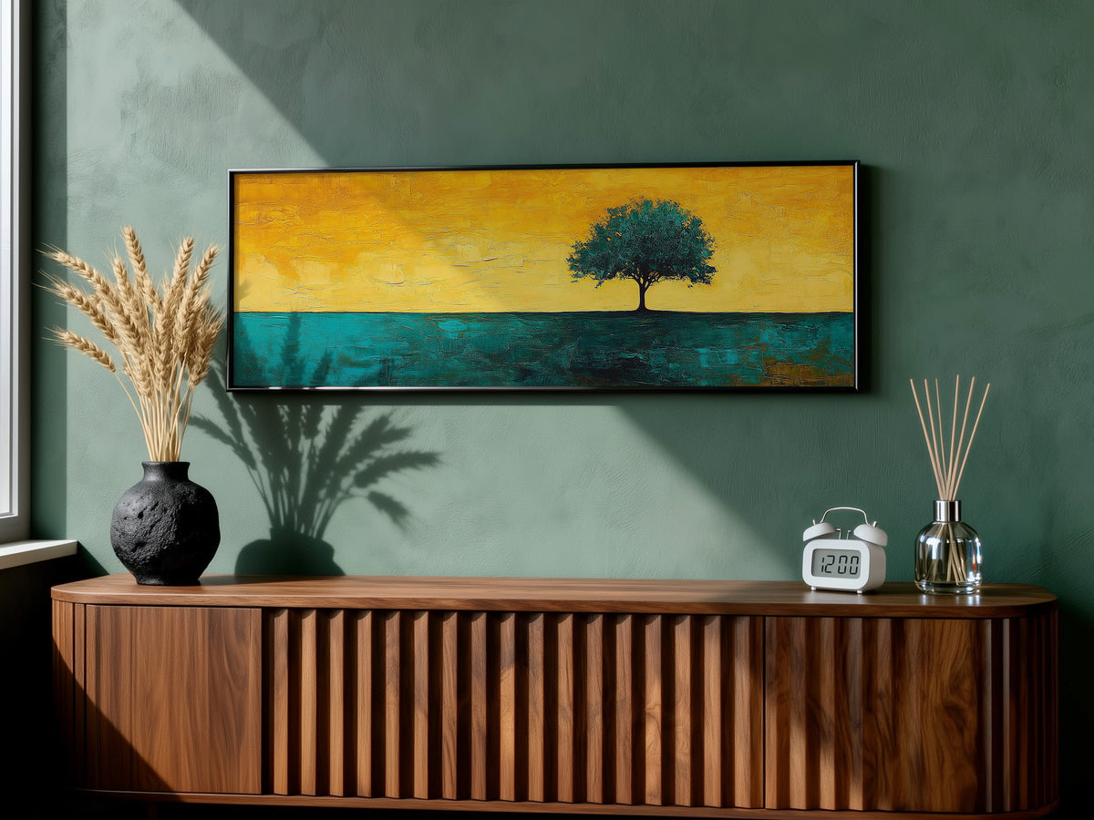 Minimalist Lone Tree Abstract Landscape Panoramic Canvas Print, Teal Yellow Gold Modern Nature Home Wall Art, Contemporary Decor
