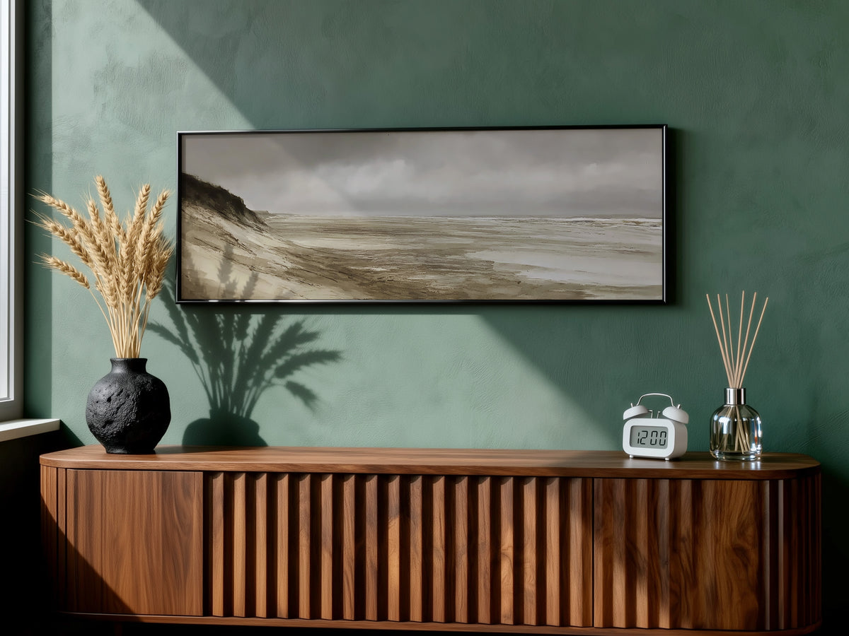 Moody Coastal Beach Panoramic Canvas Print, Gray Stormy Seascape Wall Art