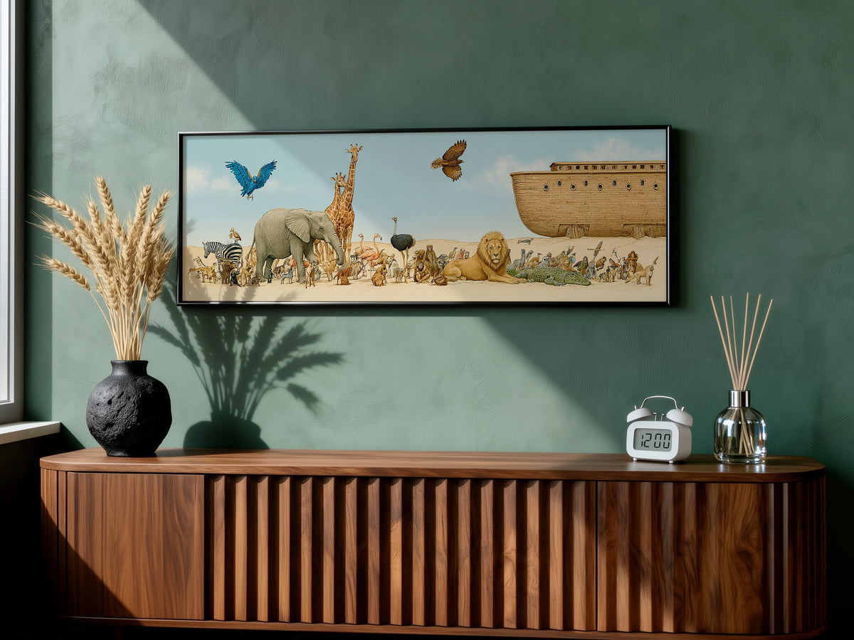 Whimsical Noah's Ark Wildlife Panoramic Canvas Print, Biblical Wildlife Wall Art, Extra Large Kids Nursery Decor