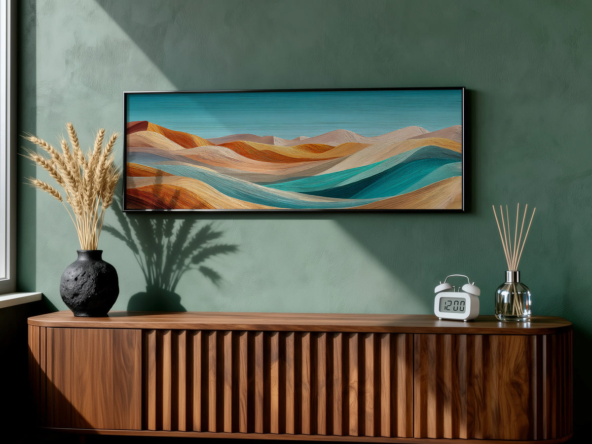 Abstract Desert Dunes Teal Orange Panoramic Canvas Print, Wavy Desert Landscape Wall Art, Boho Mid Century Living Room Decor
