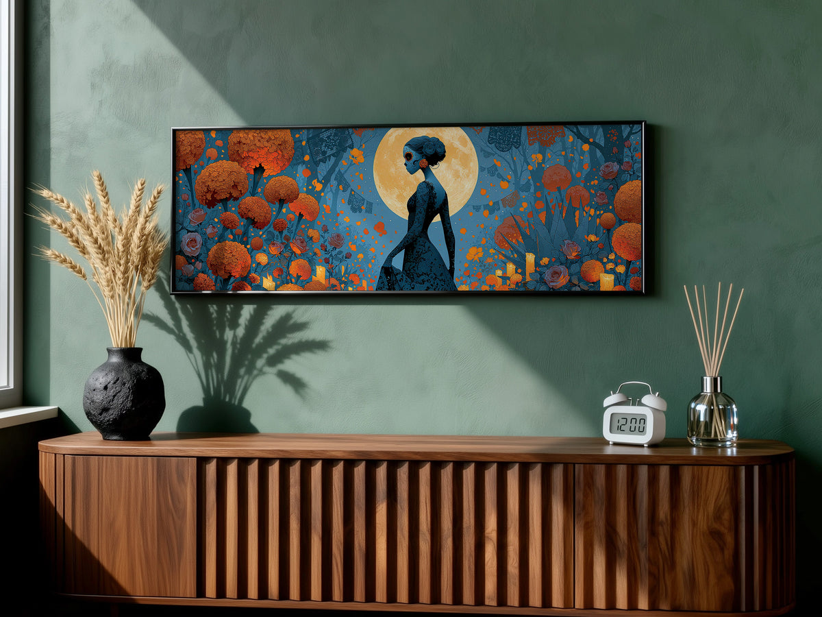 Day of the Dead Woman Marigold Moon Panoramic Canvas Print, Dia de Muertos Teal Wall Art, Moody Halloween Decor