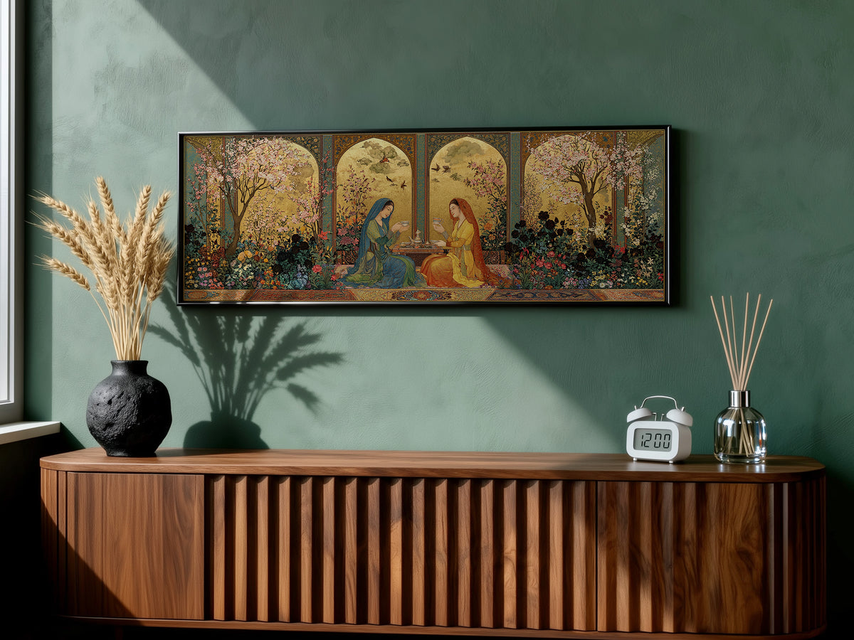 Persian Miniature Garden Panoramic Canvas Print, Islamic Floral Women Wall Art, Exotic Middle Eastern Decor