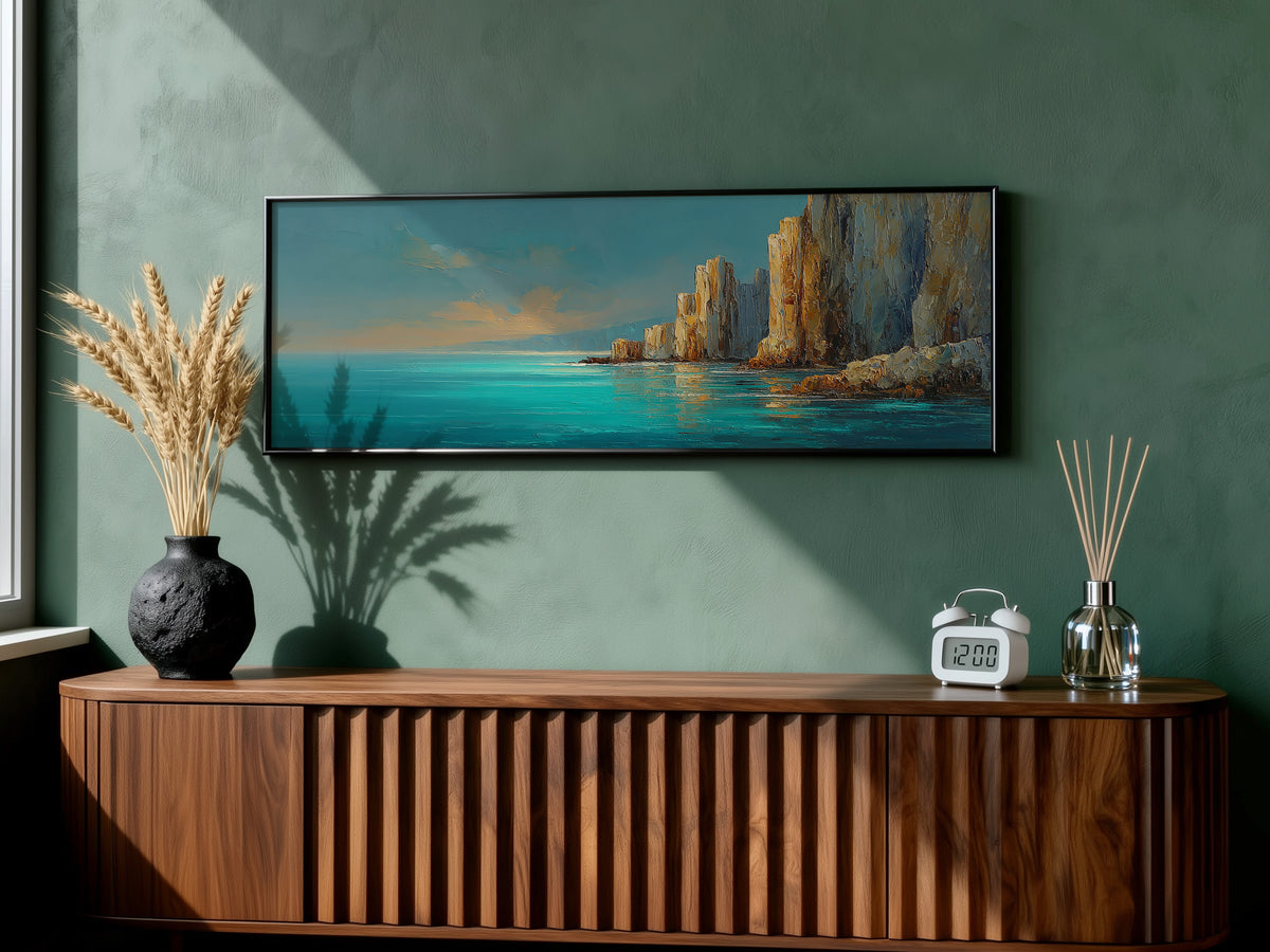 Mediterranean Turquoise Ocean Cliff Panoramic Canvas Print, Teal Gold Coastal Seascape Wall Art, Golden Rock Coastal Decor