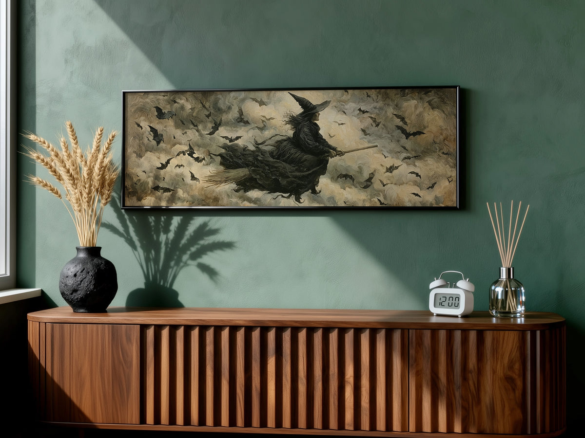 Flying Witch Broomstick Panoramic Canvas Print, Dark Bats Night Sky Wall Art