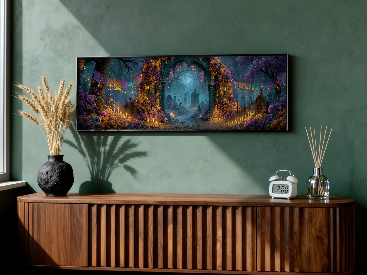 Dia de Muertos Cemetery Arch Marigold Panoramic Canvas Print, Day of the Dead Purple Moon Wall Art, Celestial Moonlit Graveyard Decor