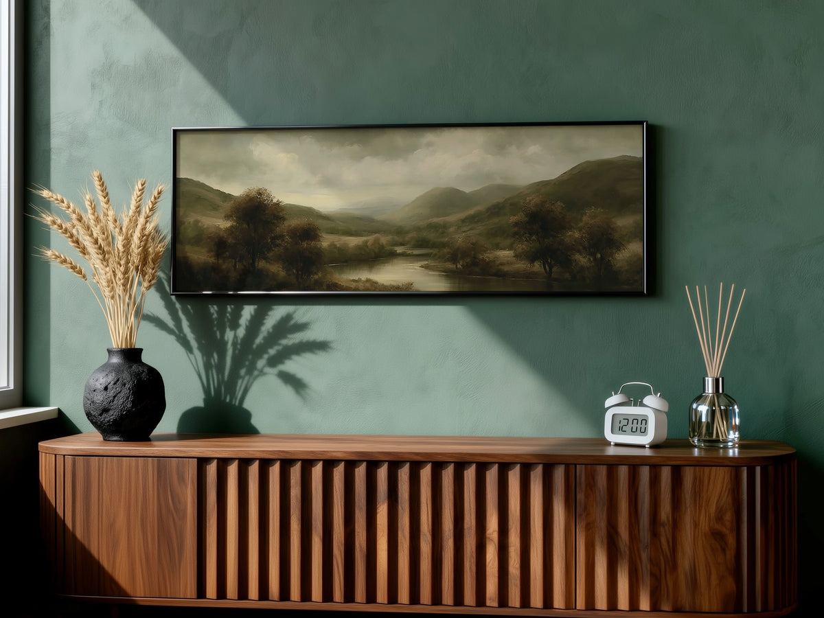 Moody Dark Green Valley Landscape Panoramic Canvas Print, Olive Rolling Hills Wall Art