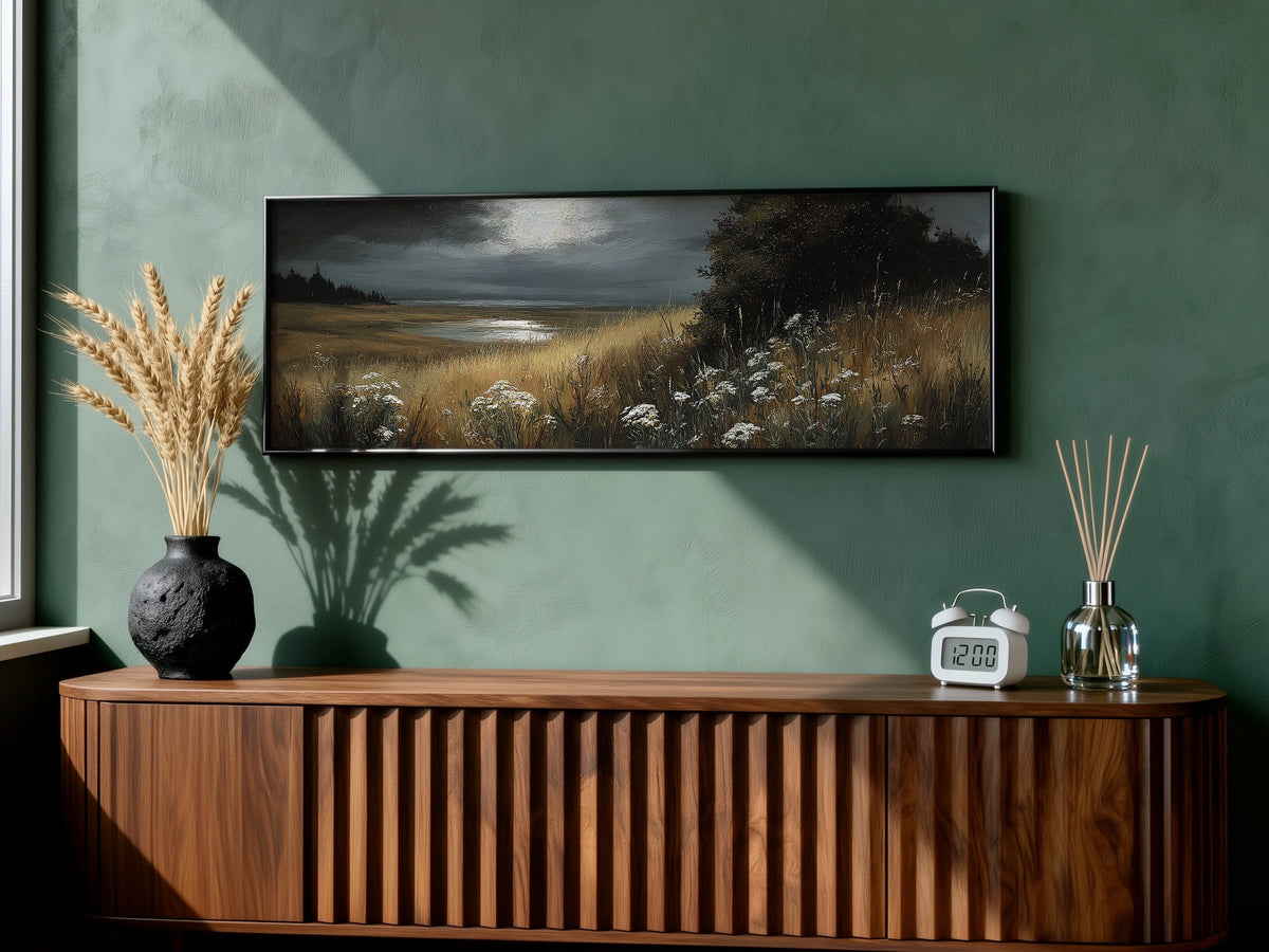 Moonlit Marsh Dark Moody Landscape Panoramic Canvas Print, Wildflower Field at Night Wall Art