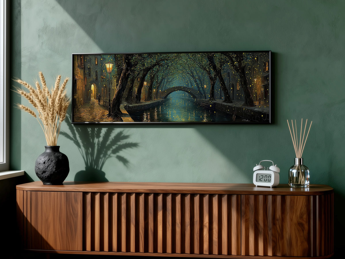 Magical Night Canal Bridge Panoramic Canvas Print, Fairy Lights Tree Tunnel Wall Art